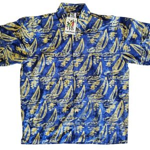 Y2K Rum Reggae Zephyr Batik Hawaiian Aloha Two-Pocket Shirt SZ L Sailboats NWTag